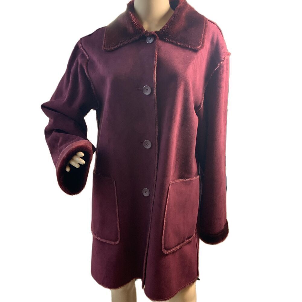 Bernardo Burgundy Faux Fur Trim Patch Pockets Button-up Coat Size Medium Preppy